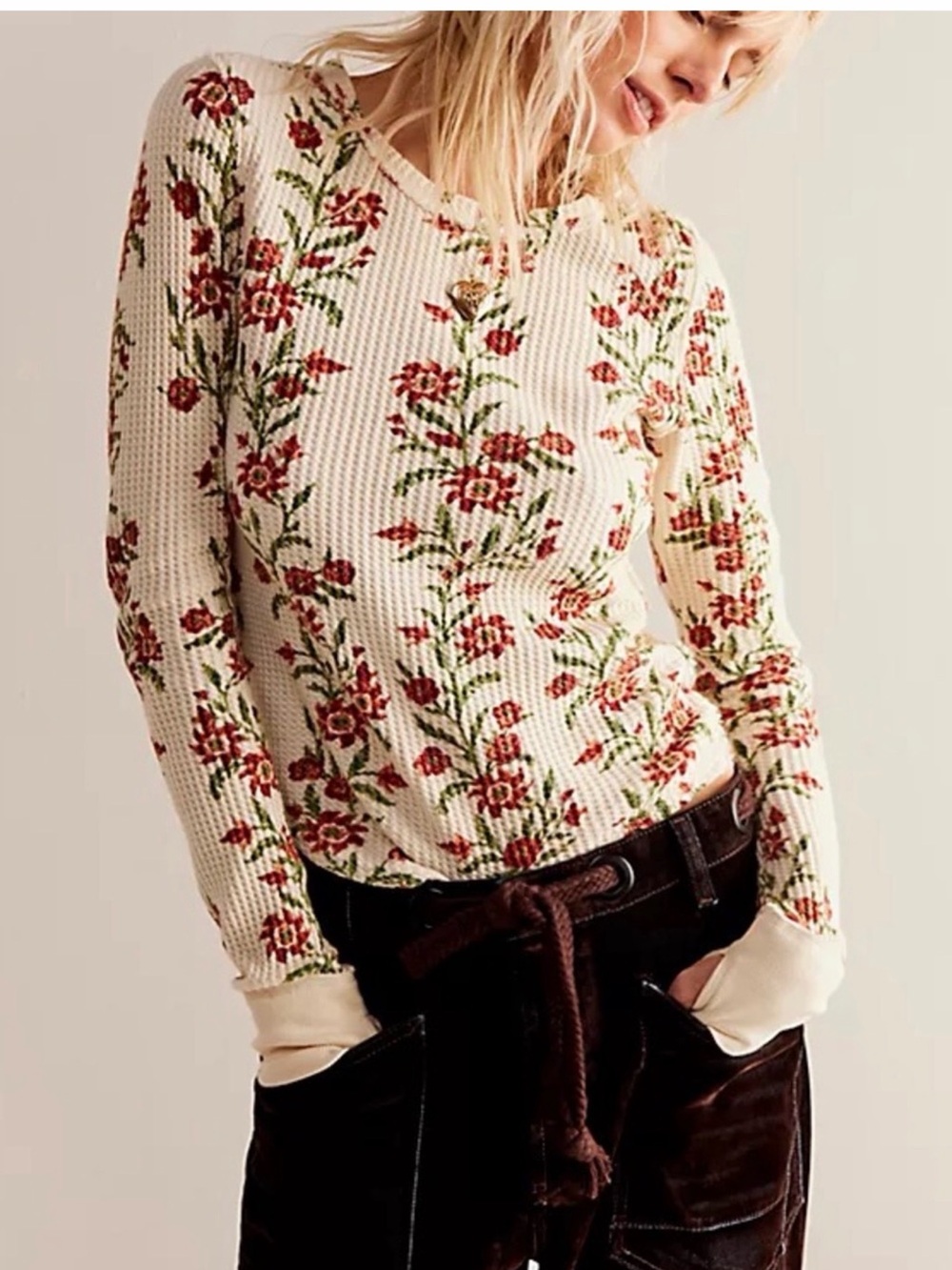 We The Free Cream Waffle Long Sleeve Tee with Red Floral & Green Vine Print